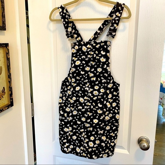 Cotton Denim Black Daisy Daisies Print Retro Overall Mini Dress Size XS - Picture 1 of 8